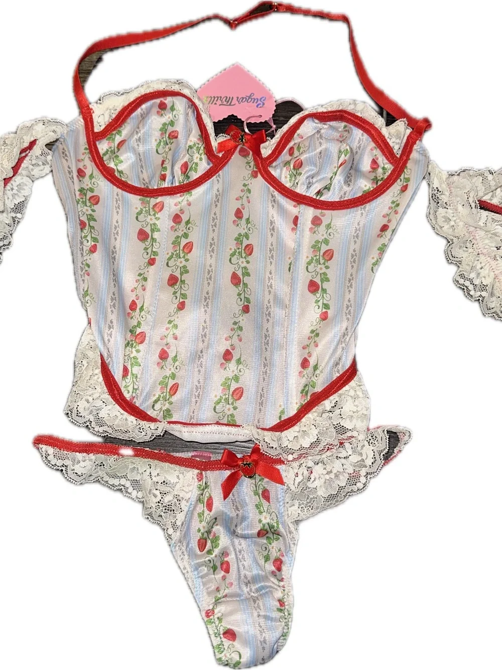 Sugar Thrillz Strawberry-Print Lace Bustier & Thong Set